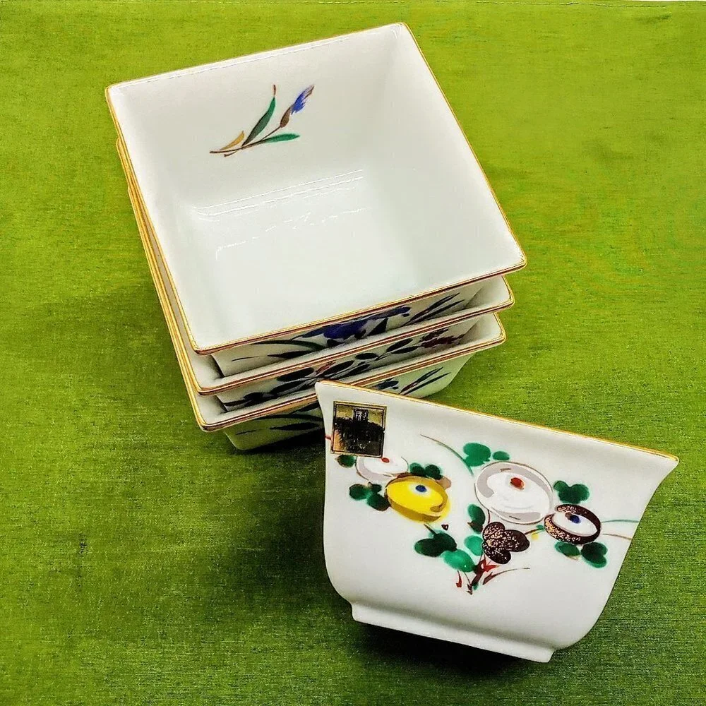Tajimi Japan Gold Rim Square Porcelain Bowls NWT